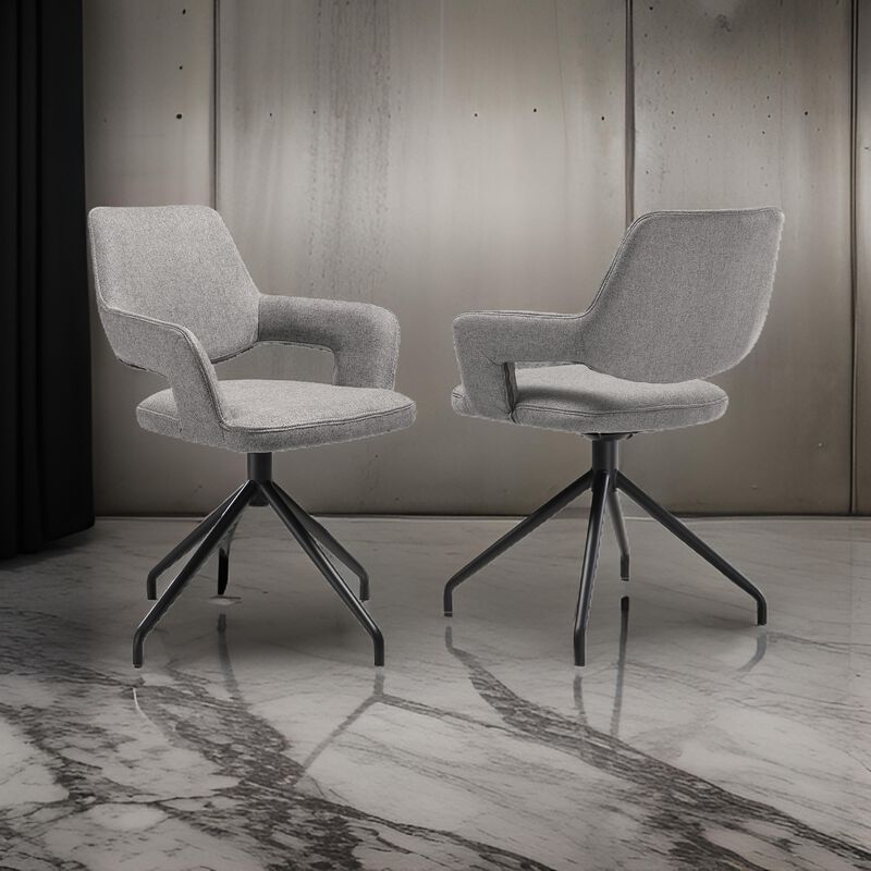 Samy 23 Inch Swivel Dining Chair Set of 2, Curved Back, Padded, Gray, Black - Benzara