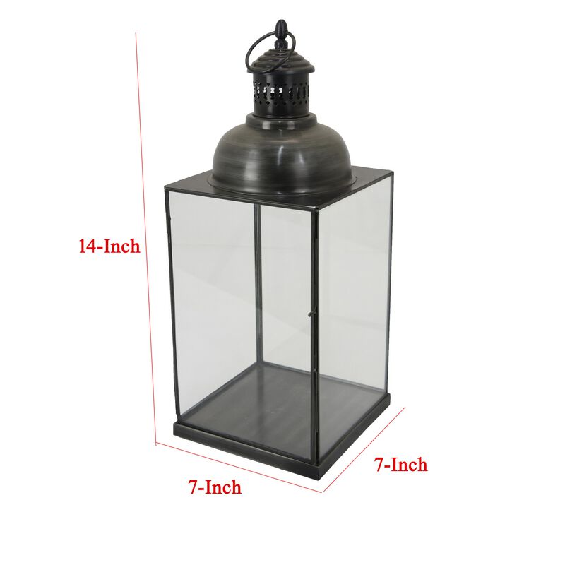 Laila Lantern, Black Metal, Glass Panels, Square Base, 18 Inch Tall - Benzara