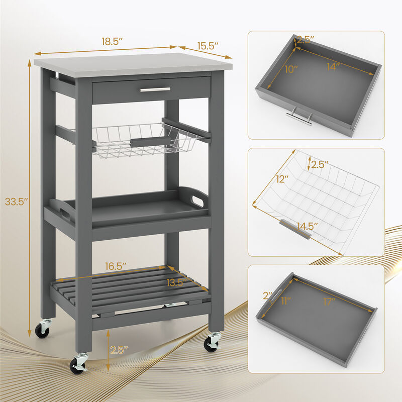 Kitchen Island Cart with Stainless Steel Tabletop and Basket