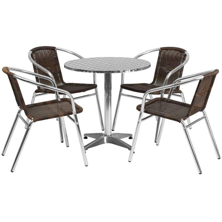 Flash Furniture 27.5'' Round Aluminum Indoor-Outdoor Table Set with 4 Dark Brown Rattan Chairs