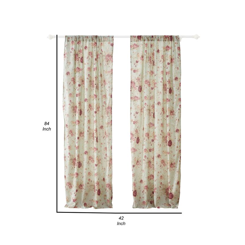 Rosle Set of 2 Window Curtains, Cotton, Antique Rose Print, Multicolor - Benzara