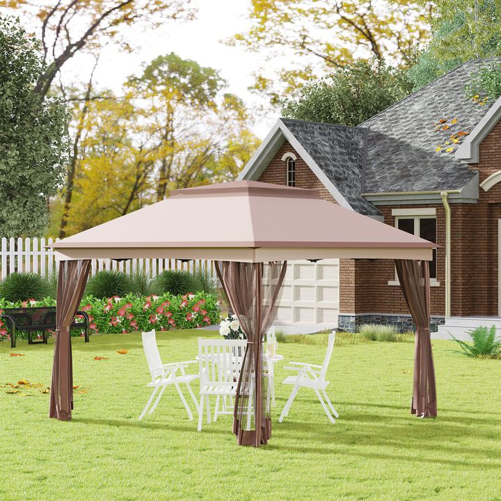 Khaki Event Shelter: 11'x11' Pop-Up Gazebo with 2-Tier Top & Netting