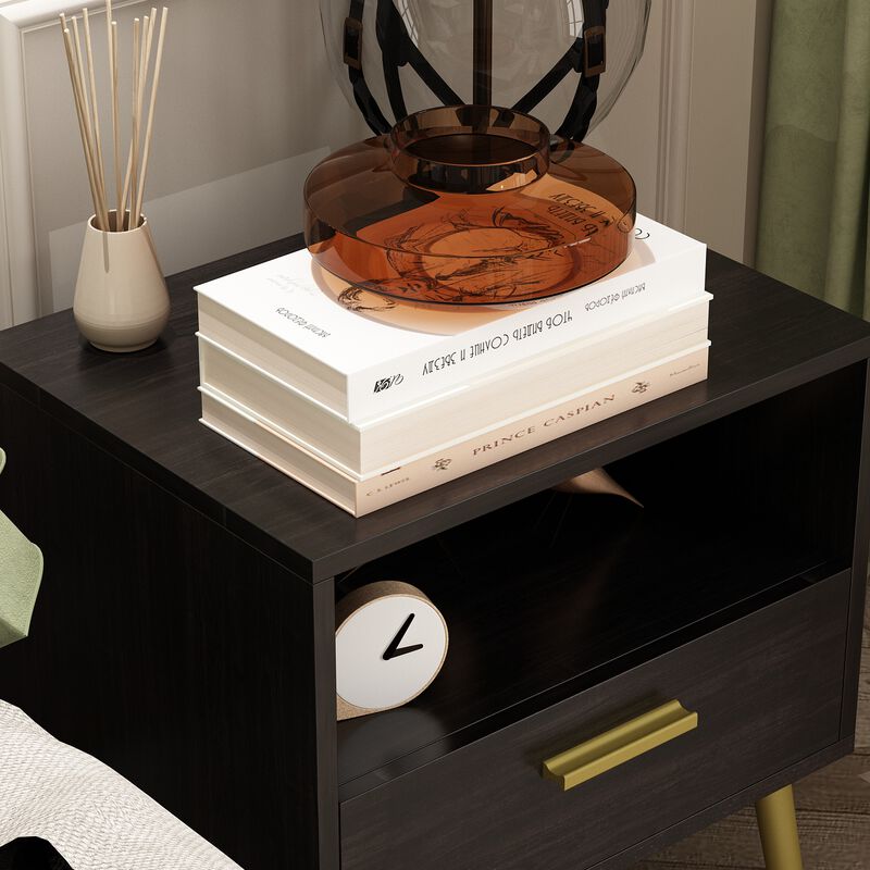 Nightstands Bedside Tables End Tables with Drawer & Open Shelf, Gold Metal Legs,for Bedroom Living Room(19.5”W x 15.6”D x 20”H)