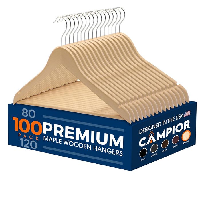 Wooden Clothes Hangers - 100 Pack, Durable, Non-Slip, Space-Saving Hangers for Dresses, Coats, and More, Holds Up to 10 lbs with 360° Swivel Hook, Natural Finish
