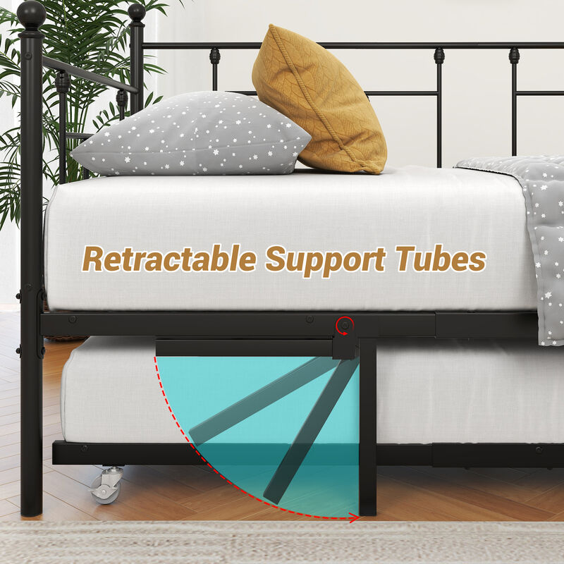 Hivvago Twin-Sized Full Metal Pull-Out Daybed Bedframe with Trundle No Box Spring