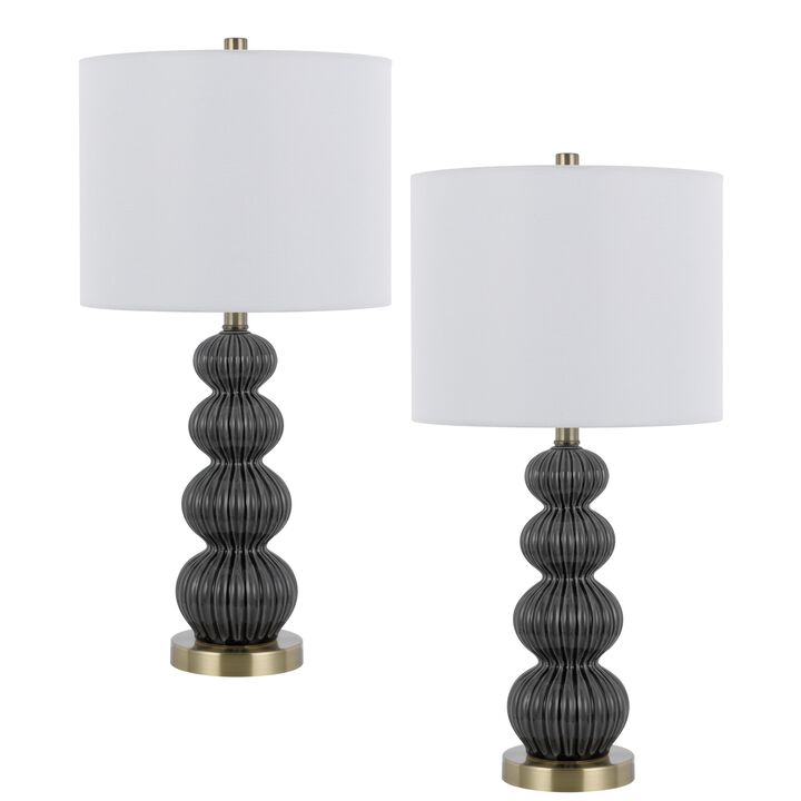 Lomy 26 Inch Table Lamp Set of 2, Stacked Ball Gray Black, White Shade - Benzara