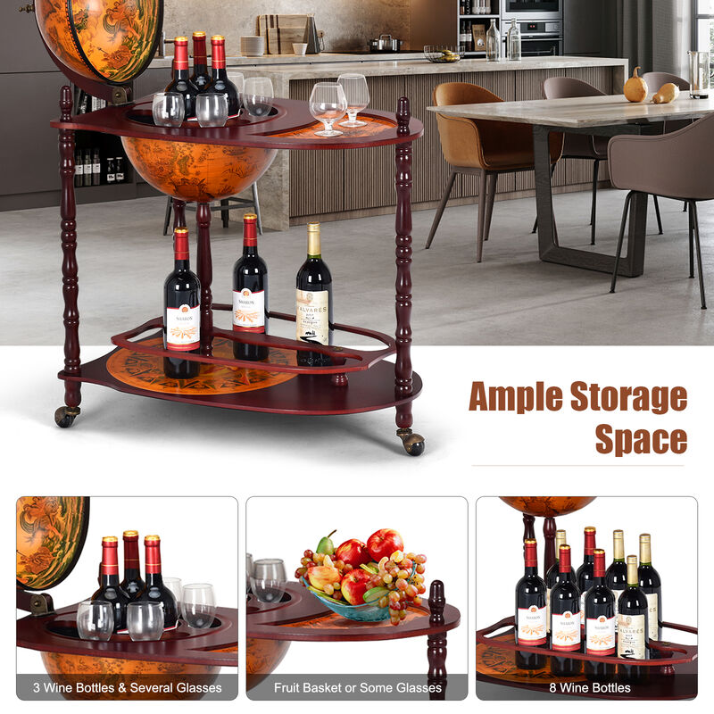 Vintage Globe Rolling Wine Bar Cart with Extra Shelf