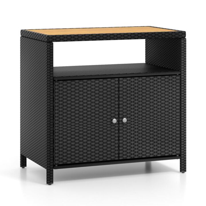 Hivvago Rattan Storage Cabinet with Acacia Wood Countertop for Poolside Deck and Patio