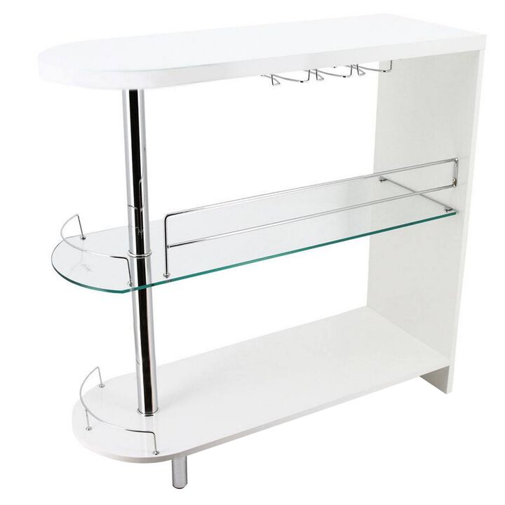 Zaina 42 Inch Modern Bar Table, 3 Shelves, Tempered Glass, White, Chrome - Benzara