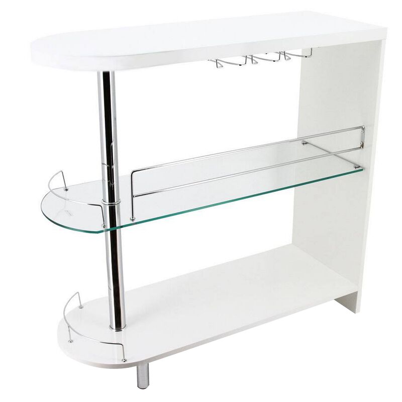 Zaina 42 Inch Modern Bar Table, 3 Shelves, Tempered Glass, White, Chrome - Benzara