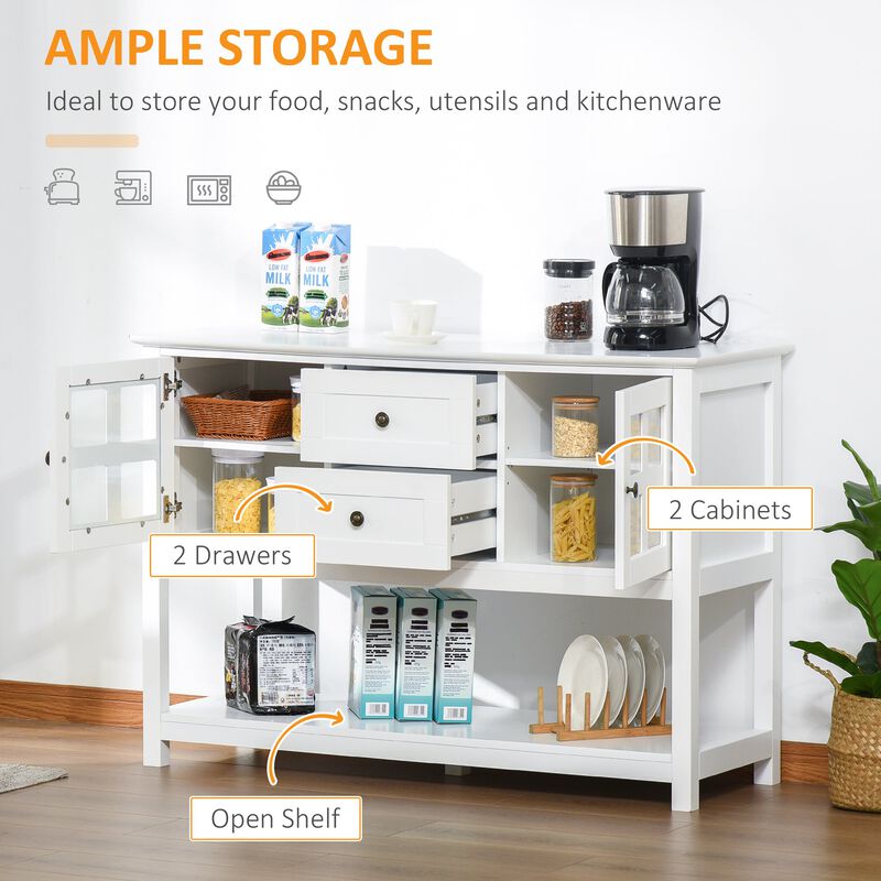 White Kitchen Buffet: Sideboard Cabinet with Glass Doors and Shelves