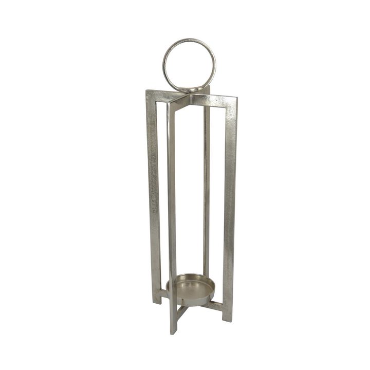 Siana Lantern Candle Holder, 27 Inch Tall, Silver Finished Metal Frame - Benzara