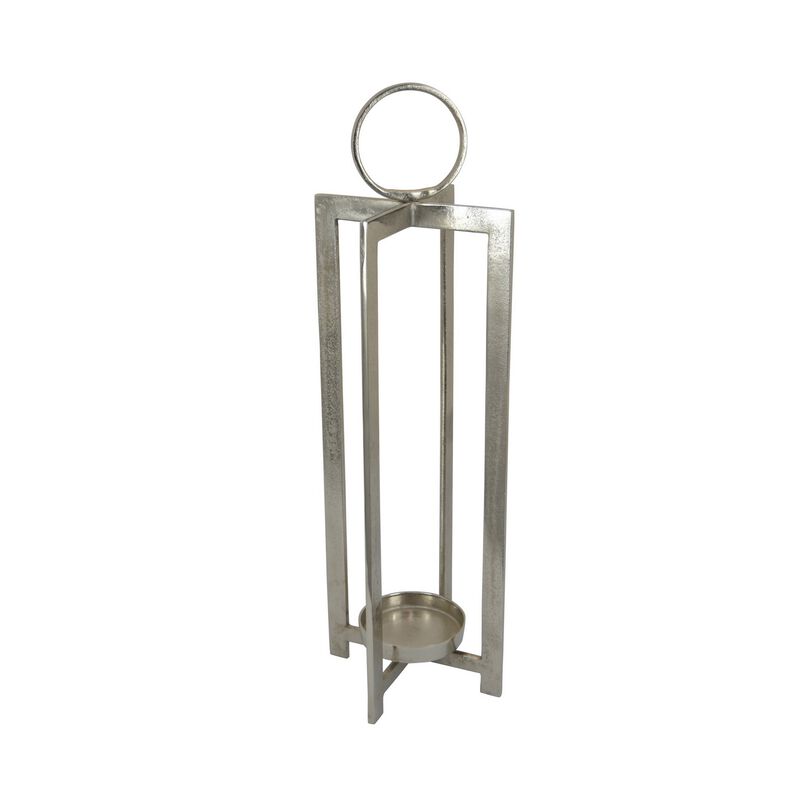 Siana Lantern Candle Holder, 27 Inch Tall, Silver Finished Metal Frame - Benzara