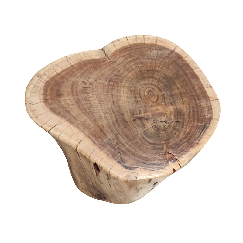 17 Inch Accent Stump Stool End Table, Live Edge Acacia Wood Log with Grain and Knot Details, Natural Brown-Benzara