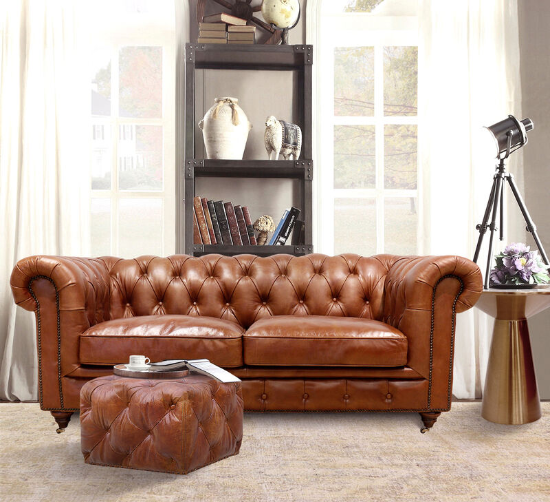 Pasargad Home Paris Club Top Grain Leather Tufted Loveseat, Brown