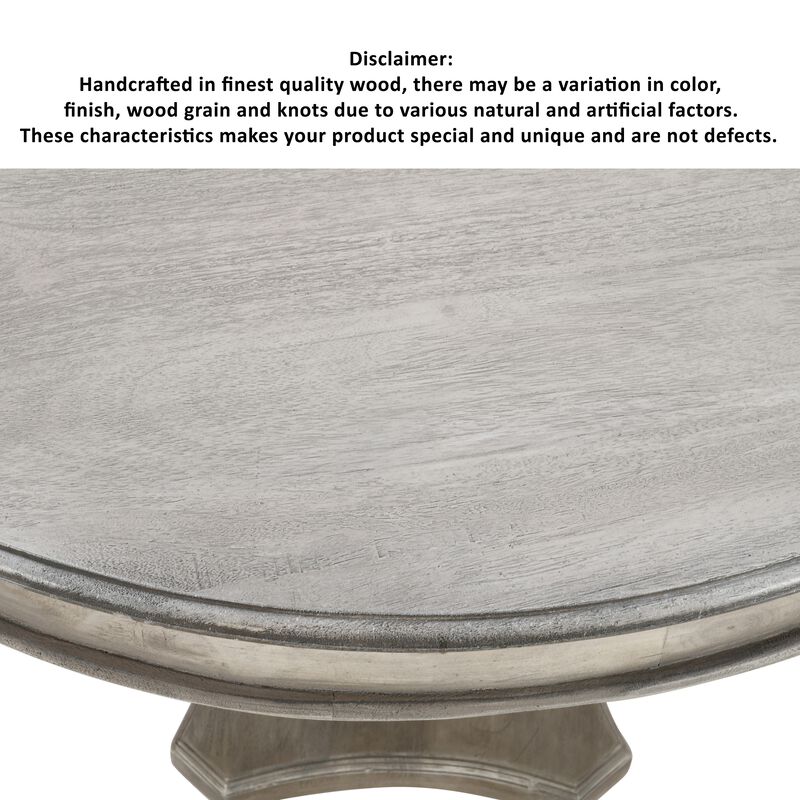 42 Inch Handcrafted Mango Wood Dining Table, Pedestal Base, Round Molded Top, Washed White, Gray-Benzara