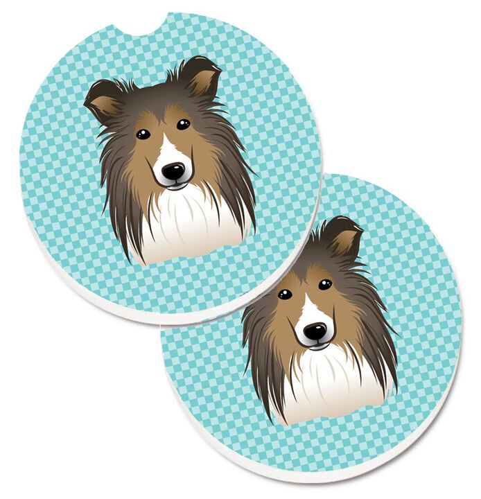 Caroline's Treasures Checkerboard Blue Sheltie Set of 2 Cup Holder Car Coasters BB1180CARC, 2.56, Multicolor