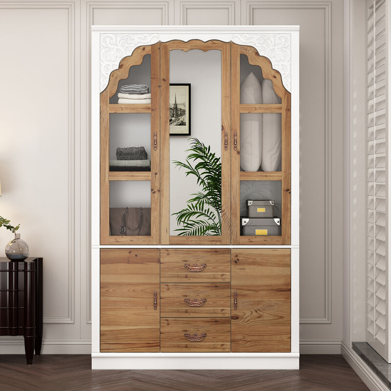 75.7 in. H Paint Finish Wooden Accent Storage Cabinet in Brown and White, Rustic Style, With Mirror Doors and Drawer