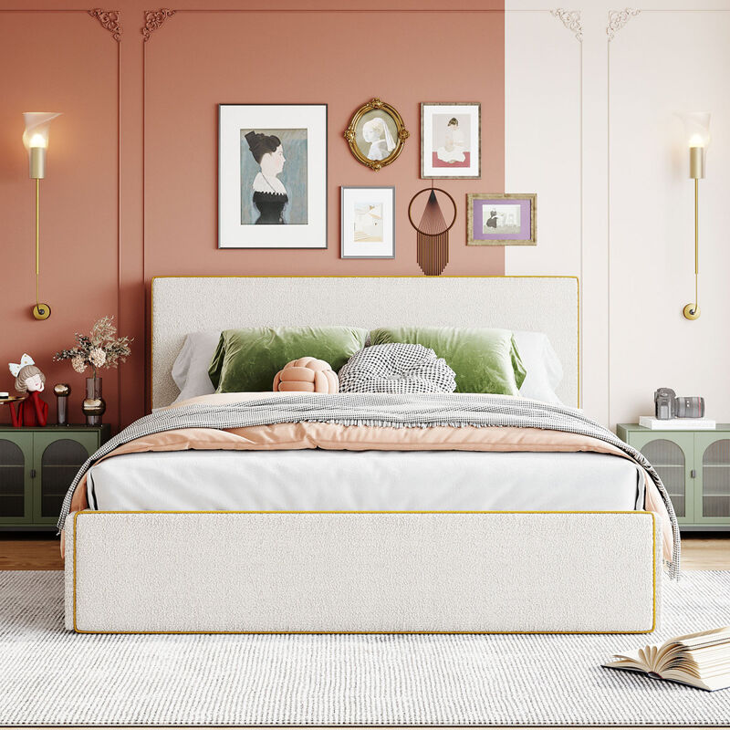 Streamdale White Upholstered Platform Bed with 4 Drawers and Golden Edge