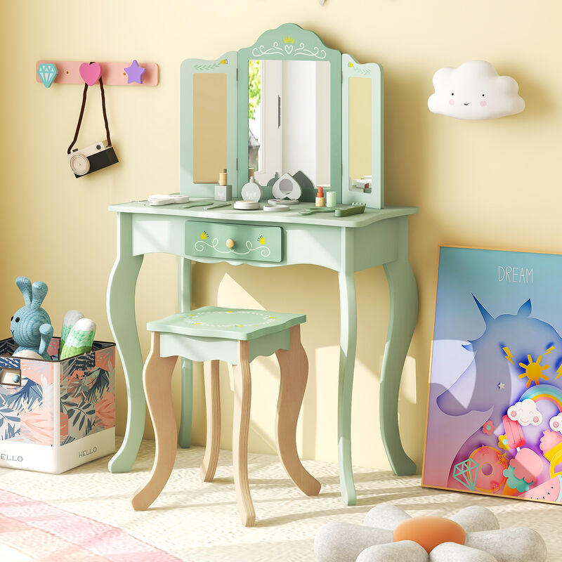Kids Vanity Set with Tri-Folding Mirror – Girls' Makeup Table with Storage and Chair