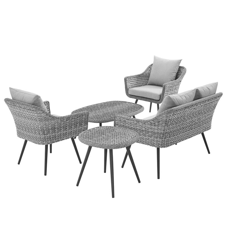 Modway - Endeavor 5 Piece Outdoor Patio Wicker Rattan Loveseat Armchair Coffee + Side Table Set Gray Gray
