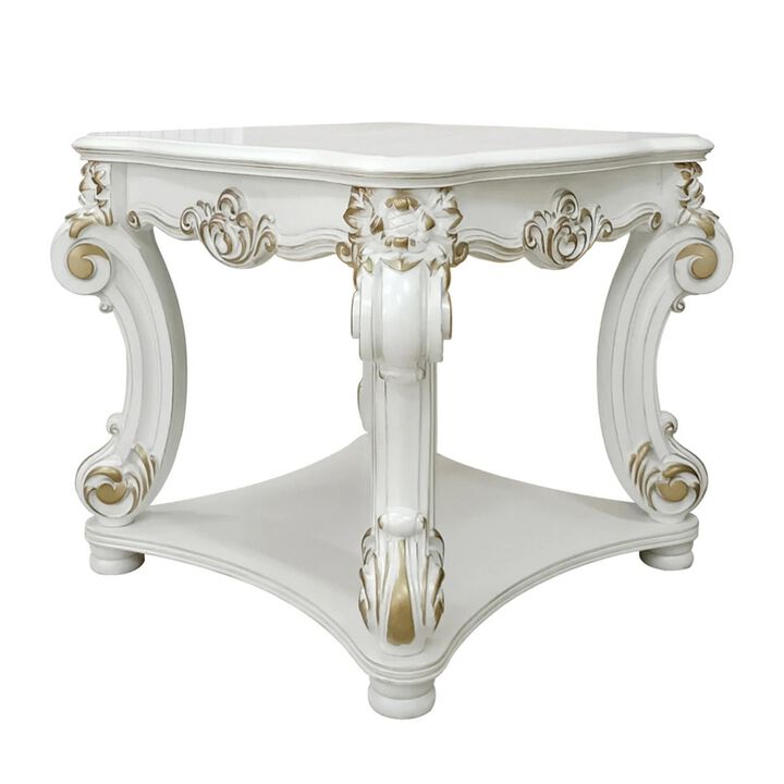 Jess 31 Inch Side End Table, Classic Scrolled Legs, White, Brushed Gold  - Benzara