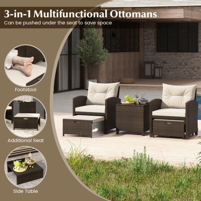 Hivvago 5 Pieces Patio Rattan Furniture with 2 Ottomans and Tempered Glass Coffee Table