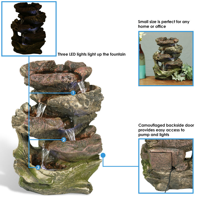Sunnydaze Rock Falls 5-Step Indoor Water Fountain with LED Lights - 14 in