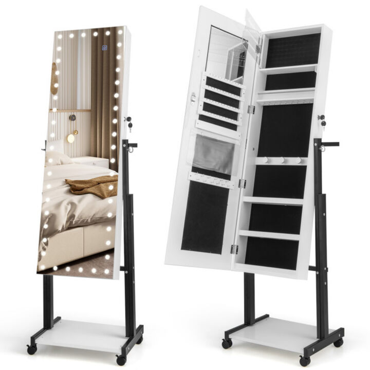 3-Color 46 LED Lights�Mirror Jewelry Cabinet Armoire Adjustable Height with Wheels