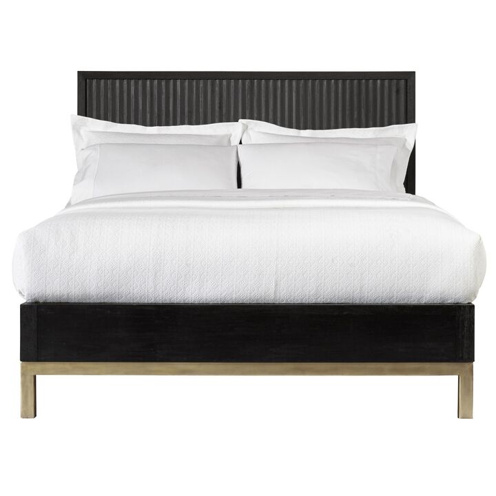 Carl California King Platform Bed, Lined Ribbed Panel Headboard, Black - Benzara