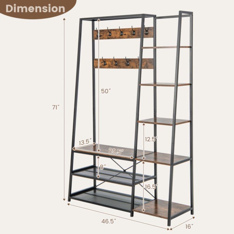 Hivvago 5-in-1 Entryway Hall Tree with Storage Bench with 9 Hooks-Rustic Brown