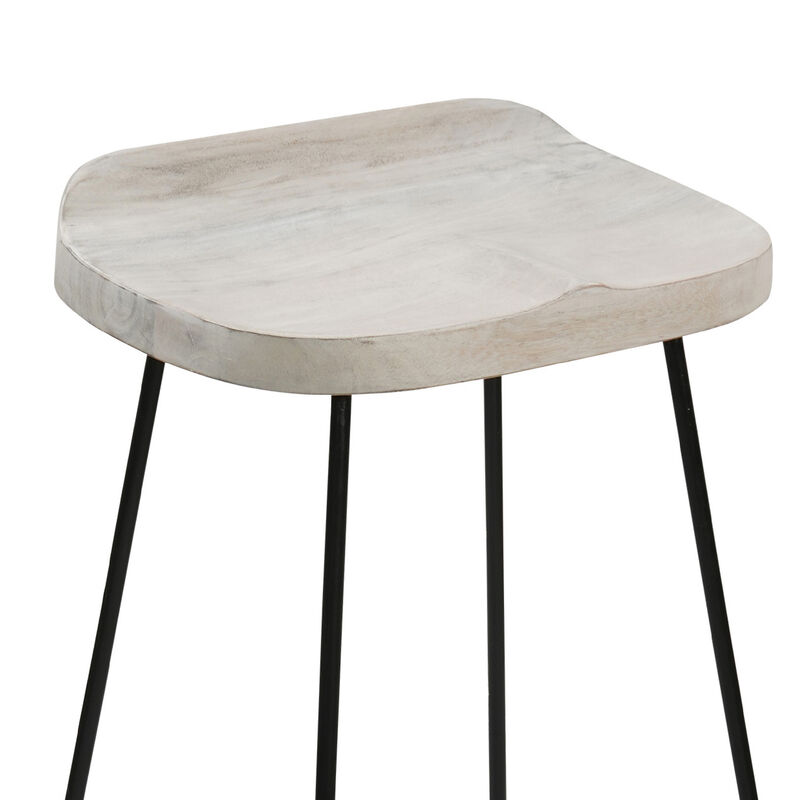 Tiva 30 Inch Handcrafted Backless Barstool, Whitewashed Mango Wood Saddle Seat, Black Metal Base-Benzara