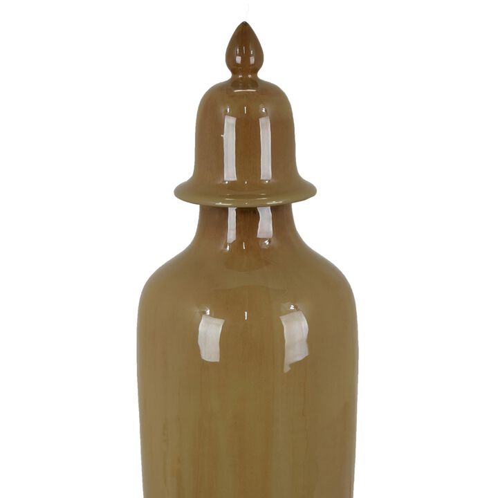 Jesi Accent Temple Jar with Lid, Decorative Brown Ceramic, 29 Inch - Benzara