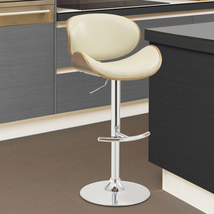 Naples Cream Faux Leather Adjustable Height Swivel Walnut Wood and Chrome Base Stool