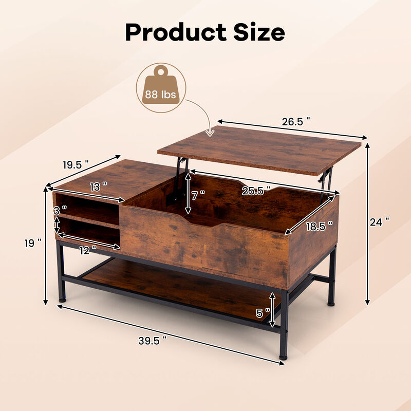 Lift Top Coffee Table with Hidden Compartment and Removable Storage Shelf
