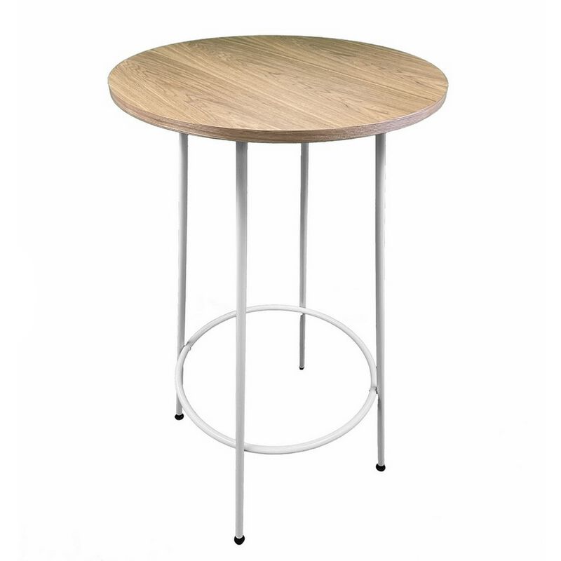 Neni 42 Inch Bar Table, Round Natural Brown Wood Top, Modern White Metal - Benzara