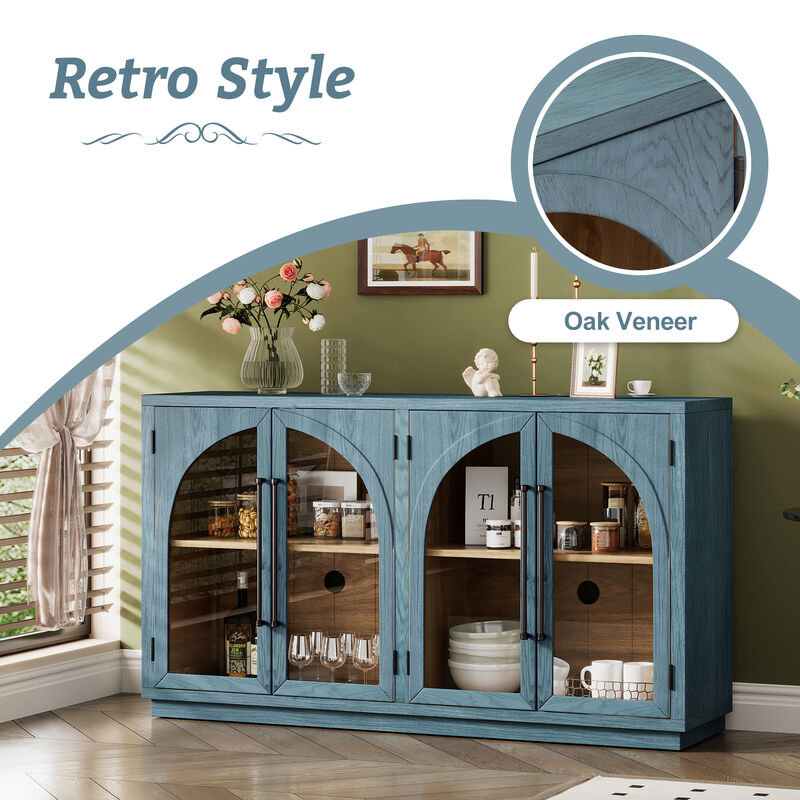 TREXM 4-Door Large Storage Sideboard Buffet Cabinet with Glass Doors, Arched Cabinet with Adjustable Shelves for Kitchen, Dining Room and Living Room (Navy)