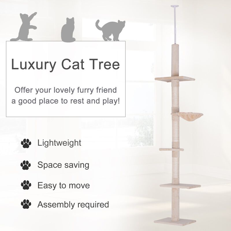 Beige Feline Playground: 8.5' Adjustable Cat Tree with Platforms