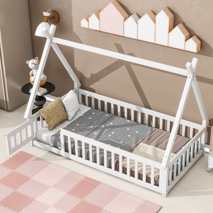 Twin Tentshaped Floor Bed, With Guardrails, Slats, Door, White