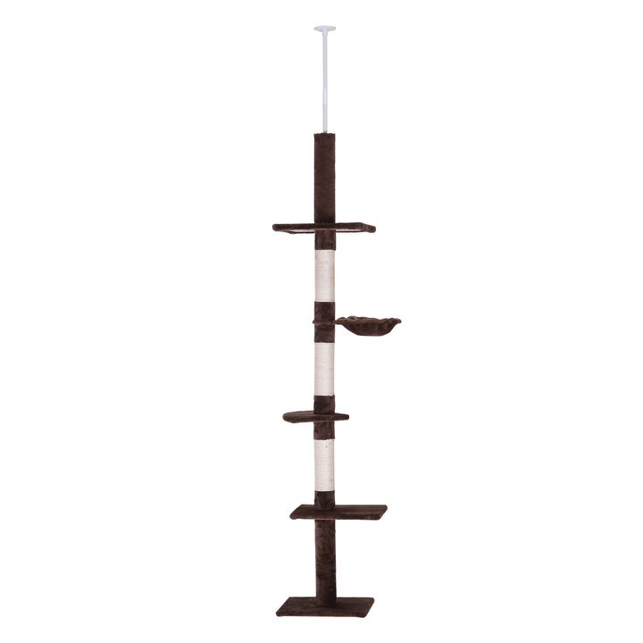 Vertical Feline Paradise: 9' Brown/White Adjustable Floor-to-Ceiling Cat Tree