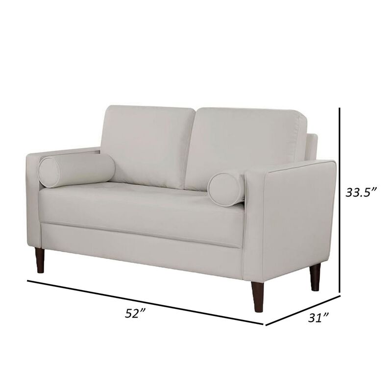 Quzi 52 Inch Loveseat, USB Port, Bolster Pillows, Tapered Legs, Off White - Benzara