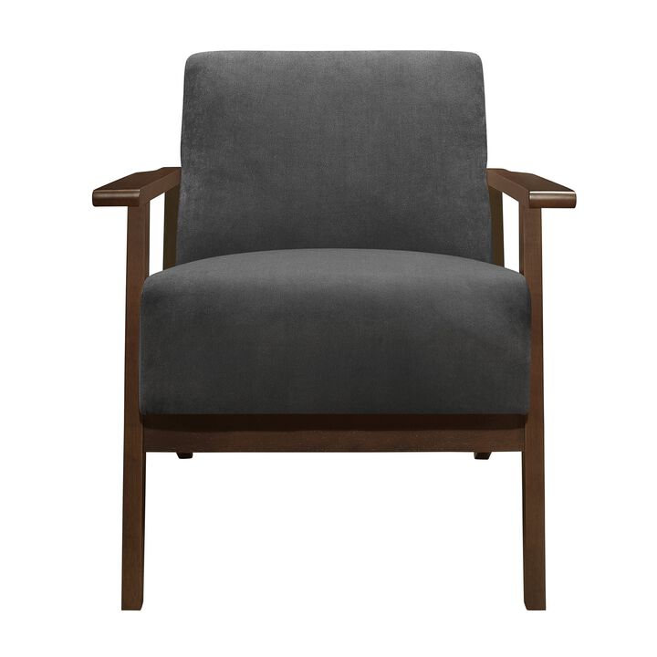 Rica 32 Inch Accent Armchair, Dark Gray Velvet, Walnut Brown Solid Wood - Benzara
