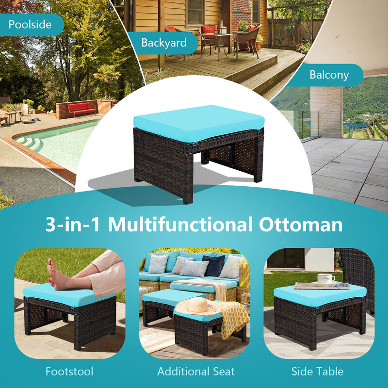 2 Pieces Patio Rattan Ottomans with Soft Cushion for Patio and Garden