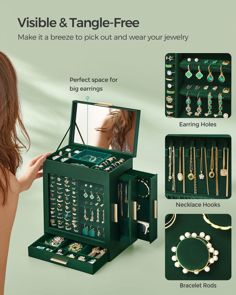 Elegant 5-Layer Jewelry Box with Glass Window, Vertical Storage Space, and Large Mirror