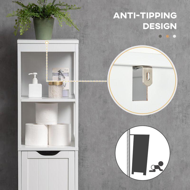 White Bathroom Tower: Slim Cabinet with 3 Drawers and 2-Tier Shelf