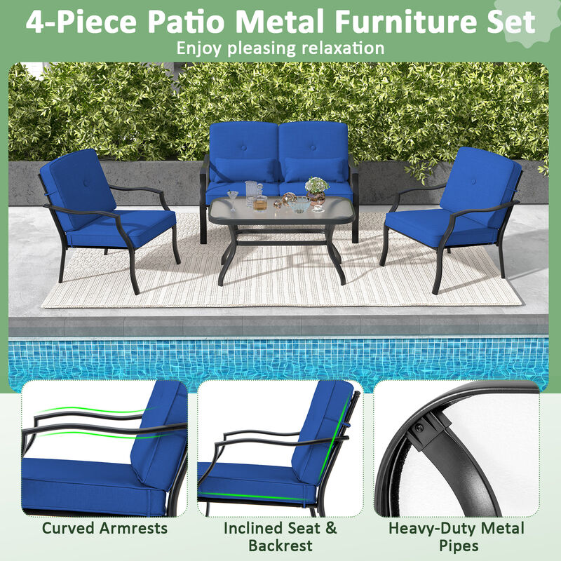 4-Piece Outdoor Conversation Set with Seat Cushions, Back Cushions, and Waist Pillows