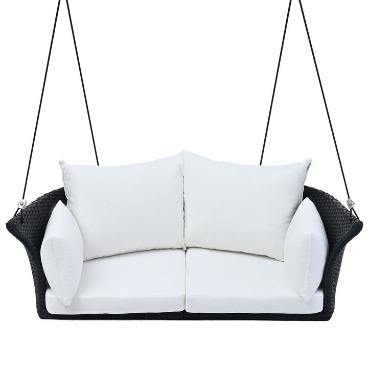 Whisen Rattan Woven Swing Chair, Porch Swing With Ropes, Black Wicker And White Cushion - Gray