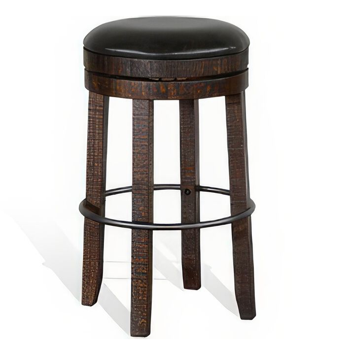 Flint Swivel Barstool Set of 2, Black Faux Leather, Dark Brown Wood - Benzara