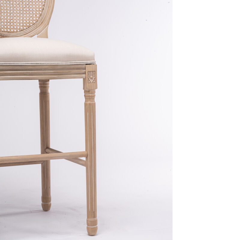 French Country Wooden Bar Stools Rattan Back With Upholstered Seating, Beige And Natural, Set Of 2