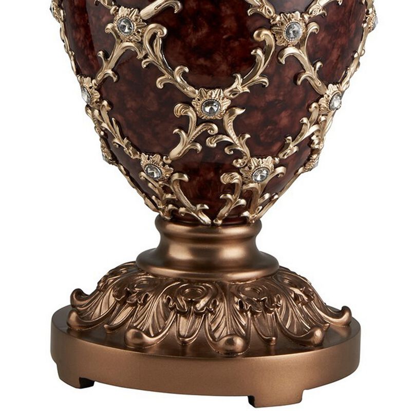 Polyresin Urn Shaped Table Lamp with Diamond Stencils Pattern, Brown-Benzara